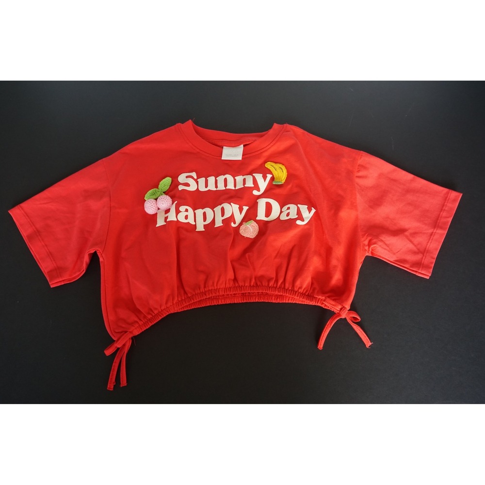 Zara Kids Red Sunny Happy Day Crochet Fruit Graphic Cinch Hem T-Shirt Size 6-7‎